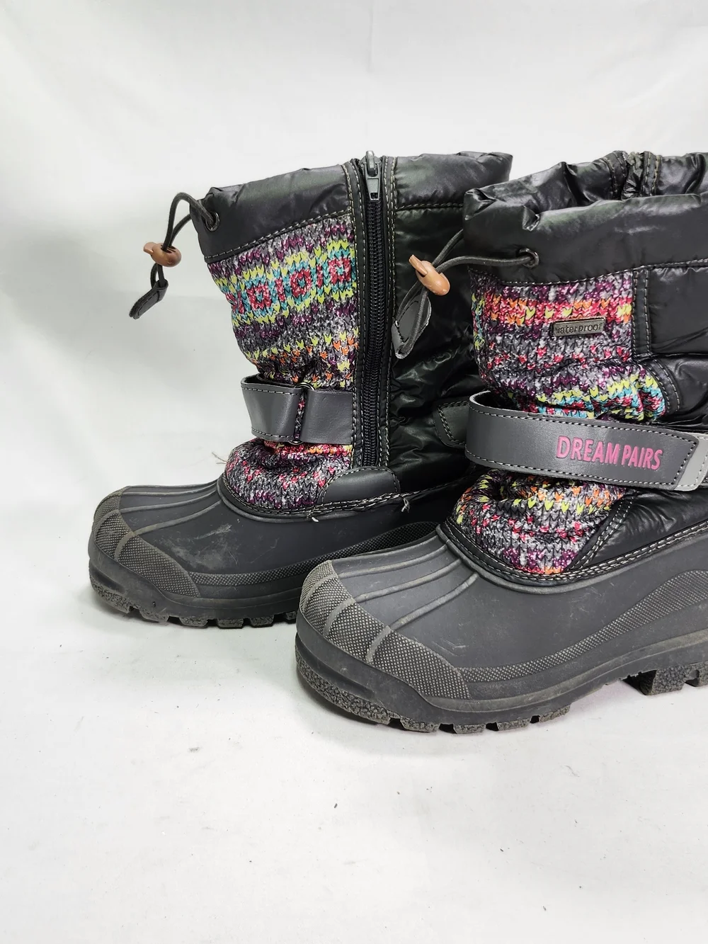 Dream Pairs Kids Black Winter Snow Boots with Multicolor Knit
